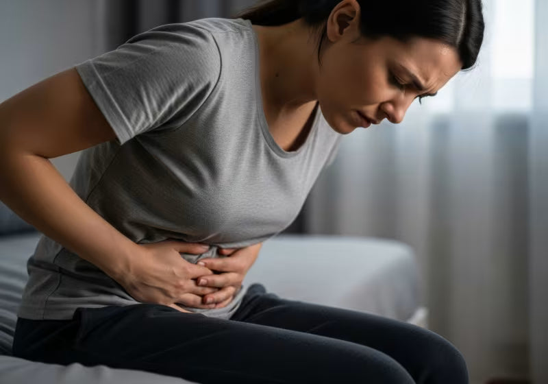Woman experiencing stomach pain, sitting on a bed in a dimly lit room.